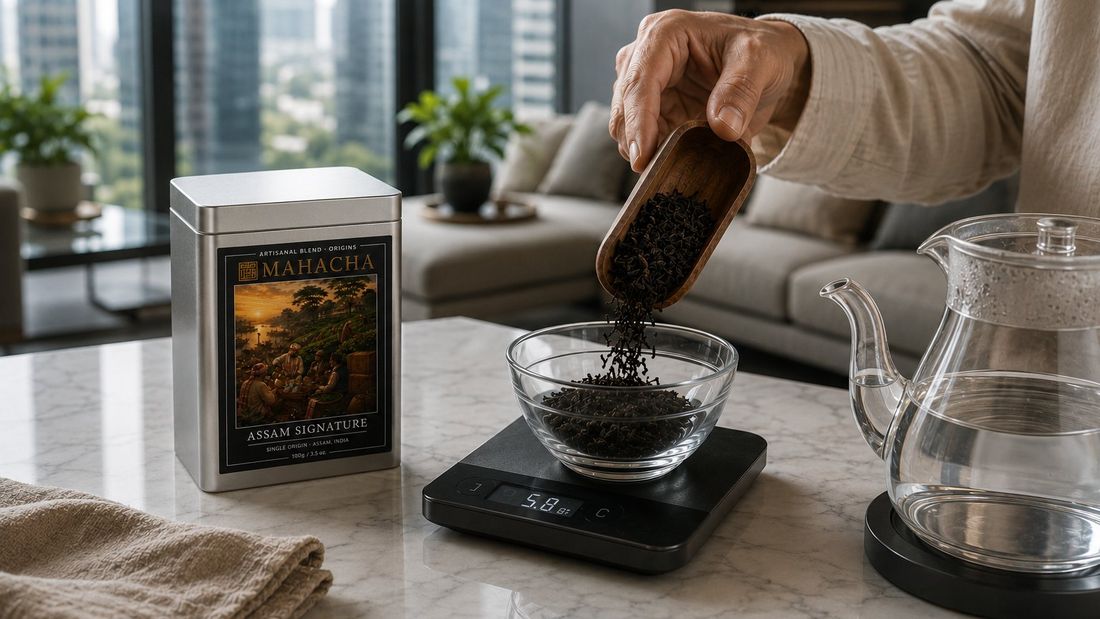 Weighing loose-leaf tea on a scale