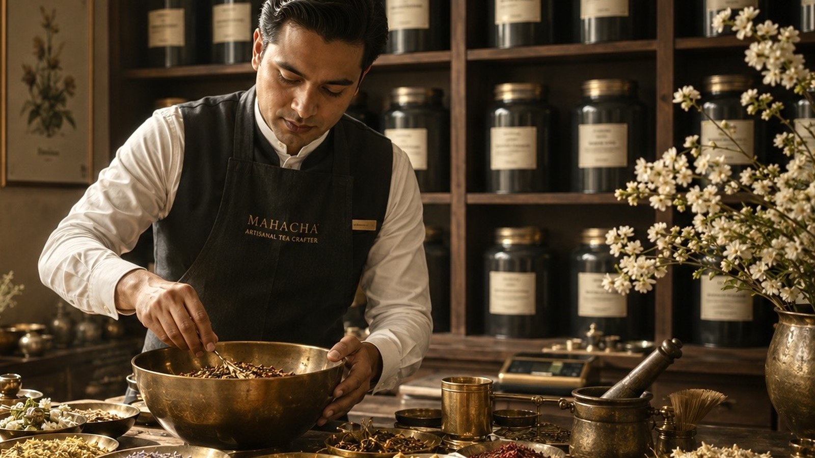 A MAHACHA tea crafter blending loose leaf in a brass bowl, surrounded by dishes of botanicals