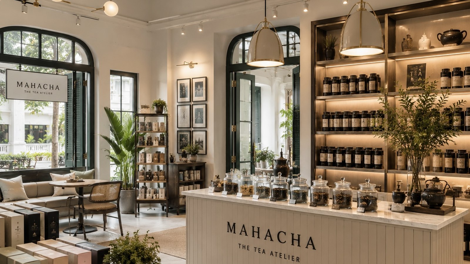 The MAHACHA atelier — jars of loose leaf along a lit back wall, glass canisters on a marble counter and a small seating area by the windows