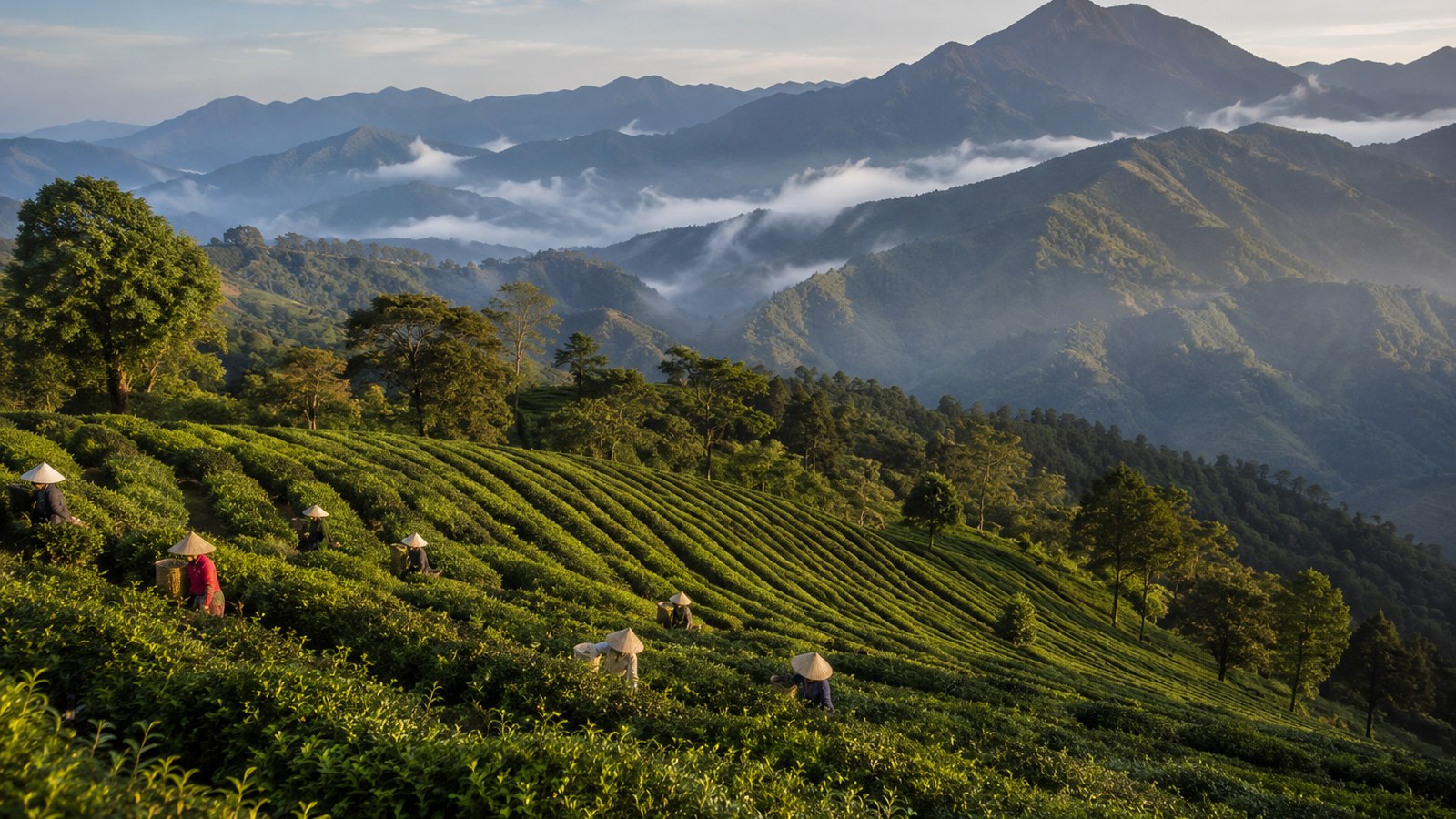 Pickers working contoured tea terraces at first light, with forested ridges and mist behind