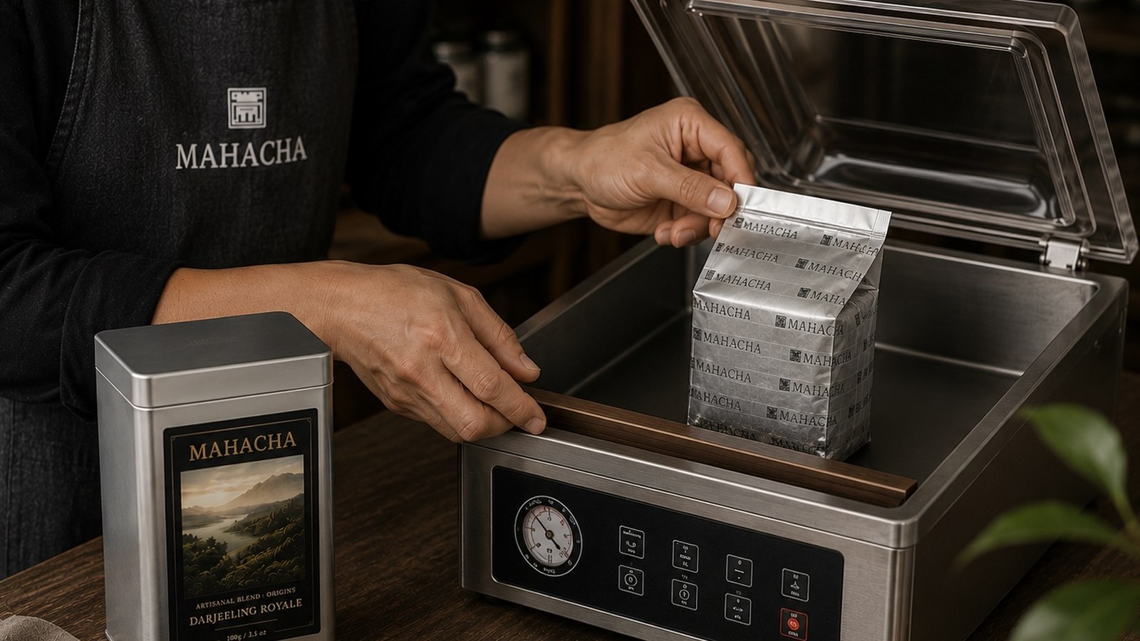 A foil pouch of tea being vacuum sealed before it goes into a MAHACHA tin